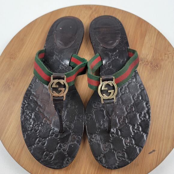 Gucci GG Web Stripe Thong Sandal Dark Brown Monogram Women’s EU 41 US 10 - Picture 1 of 15